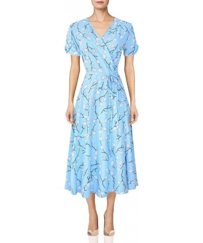 Women's Retro Floral Print Boho Wrap Front Short Sleeve Flowy Midi Dress Sky Blue $10.70 Dresses