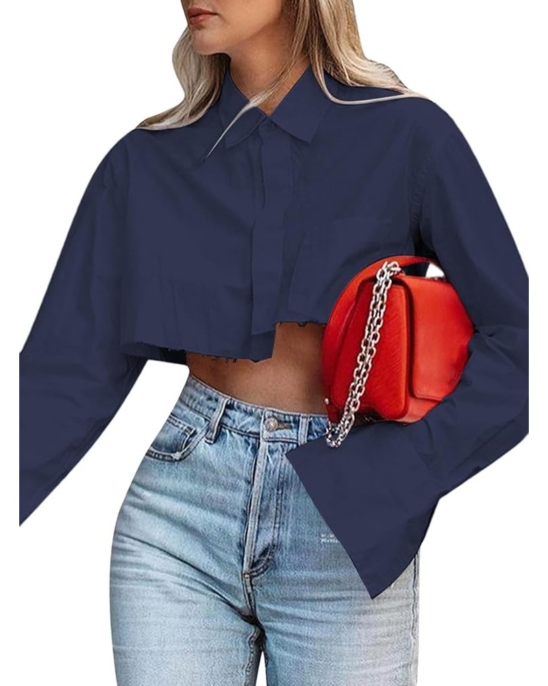 Women's Asymmetrical Hem Long Sleeve Button Up Shirt Crop Top Blouse Dark Blue $19.27 Blouses