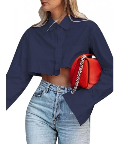 Women's Asymmetrical Hem Long Sleeve Button Up Shirt Crop Top Blouse Dark Blue $19.27 Blouses