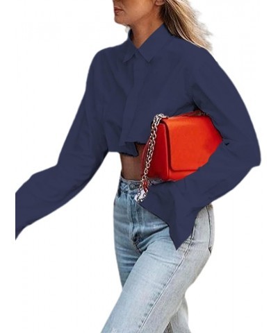 Women's Asymmetrical Hem Long Sleeve Button Up Shirt Crop Top Blouse Dark Blue $19.27 Blouses