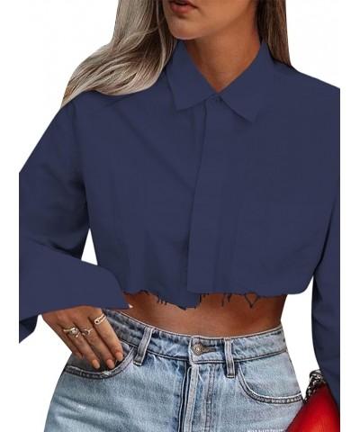 Women's Asymmetrical Hem Long Sleeve Button Up Shirt Crop Top Blouse Dark Blue $19.27 Blouses