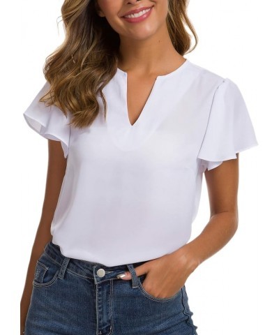 Women's Casual Ruffled V Neck Chiffon Blouse Short Sleeve Office Work Elegant Shirt Vintage Basic Tops White $14.49 Blouses