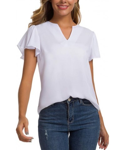 Women's Casual Ruffled V Neck Chiffon Blouse Short Sleeve Office Work Elegant Shirt Vintage Basic Tops White $14.49 Blouses