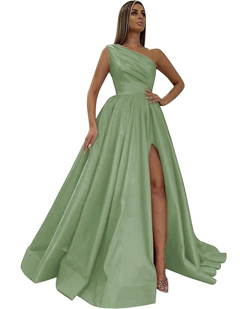 Women's One Shoulder Prom Dresses 2024 Long Slit Satin Formal Evening Gowns with Pockets Sage Green $30.10 Dresses