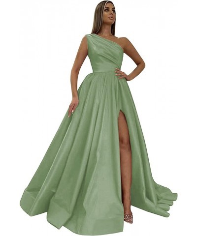 Women's One Shoulder Prom Dresses 2024 Long Slit Satin Formal Evening Gowns with Pockets Sage Green $30.10 Dresses