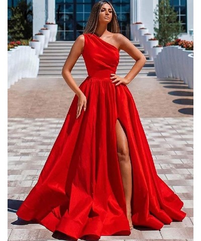 Women's One Shoulder Prom Dresses 2024 Long Slit Satin Formal Evening Gowns with Pockets Sage Green $30.10 Dresses