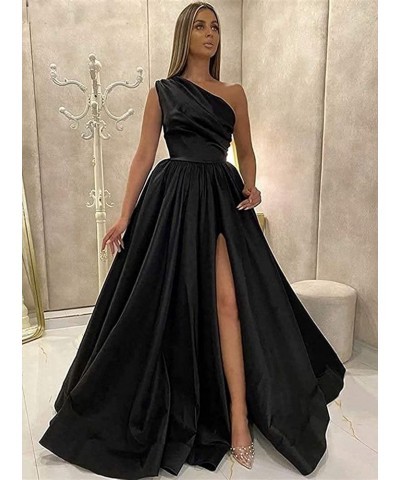 Women's One Shoulder Prom Dresses 2024 Long Slit Satin Formal Evening Gowns with Pockets Sage Green $30.10 Dresses