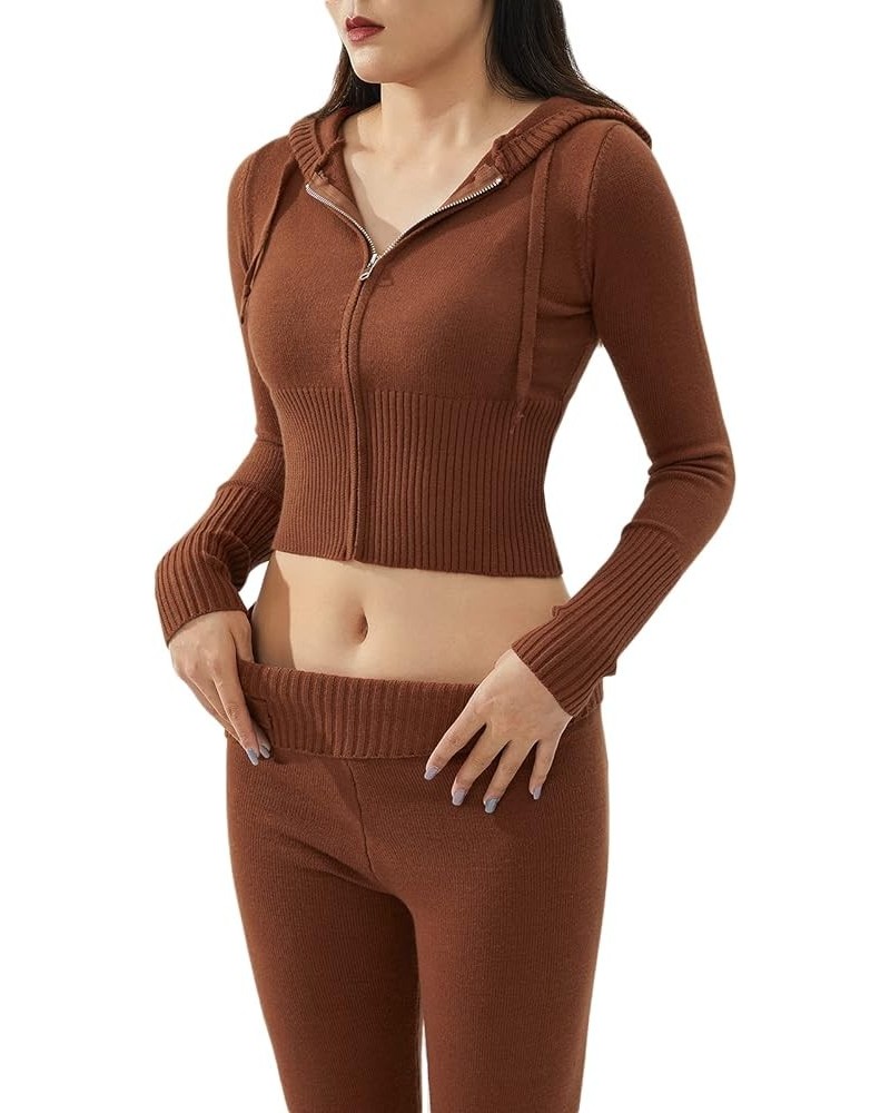 Women Knit 2 Piece Outfit Zip Up Long Sleeve Hoodie Sweater Pants Skinny Lounge Set Y2k Streetwear Long Brown $23.31 Activewear