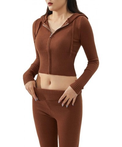 Women Knit 2 Piece Outfit Zip Up Long Sleeve Hoodie Sweater Pants Skinny Lounge Set Y2k Streetwear Long Brown $23.31 Activewear