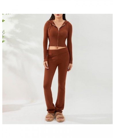 Women Knit 2 Piece Outfit Zip Up Long Sleeve Hoodie Sweater Pants Skinny Lounge Set Y2k Streetwear Long Brown $23.31 Activewear