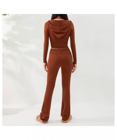 Women Knit 2 Piece Outfit Zip Up Long Sleeve Hoodie Sweater Pants Skinny Lounge Set Y2k Streetwear Long Brown $23.31 Activewear