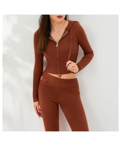 Women Knit 2 Piece Outfit Zip Up Long Sleeve Hoodie Sweater Pants Skinny Lounge Set Y2k Streetwear Long Brown $23.31 Activewear