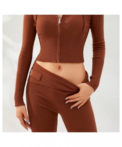 Women Knit 2 Piece Outfit Zip Up Long Sleeve Hoodie Sweater Pants Skinny Lounge Set Y2k Streetwear Long Brown $23.31 Activewear