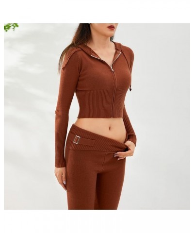 Women Knit 2 Piece Outfit Zip Up Long Sleeve Hoodie Sweater Pants Skinny Lounge Set Y2k Streetwear Long Brown $23.31 Activewear