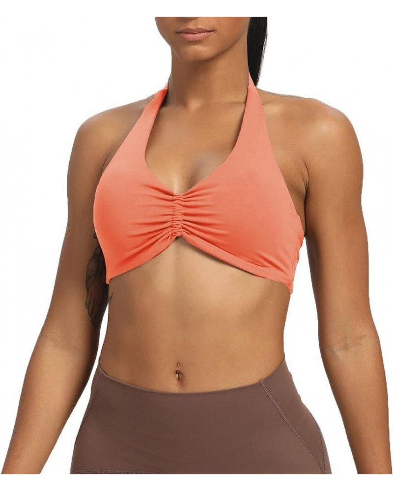 Women's Workout Sports Bras Fitness Backless Padded Taylor Scrunch Halter Bra Yoga Crop Tank Top Papaya $17.27 Activewear