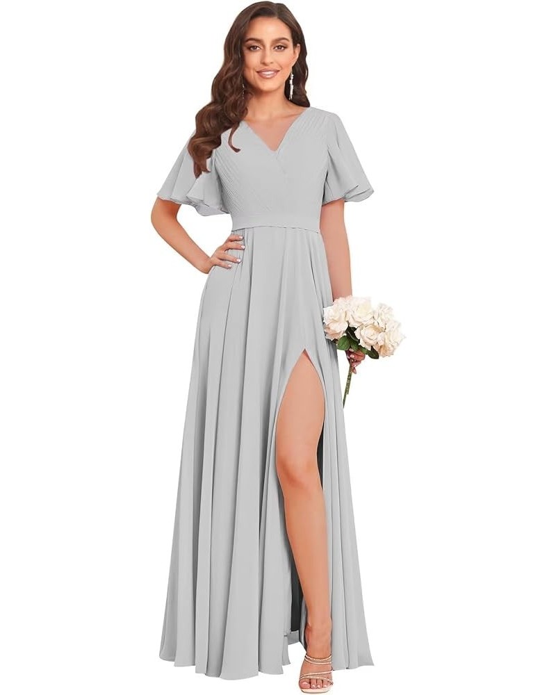 Long Chiffon Bridesmaid Dresses for Women A Line V Neck Pleated Formal Evening Dresses Silver $30.79 Dresses