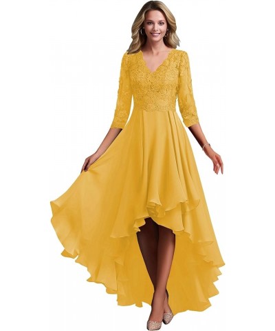 Lace Appliques Hi-Low Mother of The Bride Dresses for Wedding Chiffon 3/4 Sleeve Formal Evening Gown Mustard Yellow $39.10 Dr...