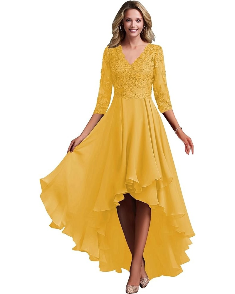 Lace Appliques Hi-Low Mother of The Bride Dresses for Wedding Chiffon 3/4 Sleeve Formal Evening Gown Mustard Yellow $39.10 Dr...