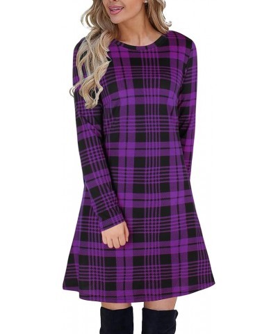 Women's Plaid Swing Dress Long Sleeve Round Neck Tunic Mini Dress Dark Purple $20.64 Dresses