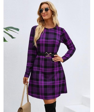 Women's Plaid Swing Dress Long Sleeve Round Neck Tunic Mini Dress Dark Purple $20.64 Dresses