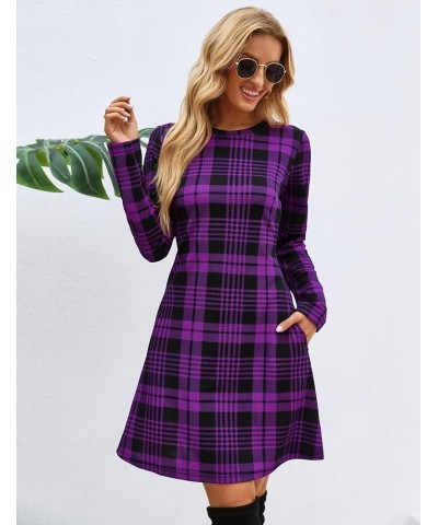 Women's Plaid Swing Dress Long Sleeve Round Neck Tunic Mini Dress Dark Purple $20.64 Dresses