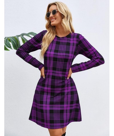 Women's Plaid Swing Dress Long Sleeve Round Neck Tunic Mini Dress Dark Purple $20.64 Dresses