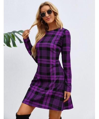 Women's Plaid Swing Dress Long Sleeve Round Neck Tunic Mini Dress Dark Purple $20.64 Dresses