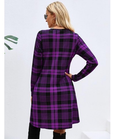 Women's Plaid Swing Dress Long Sleeve Round Neck Tunic Mini Dress Dark Purple $20.64 Dresses