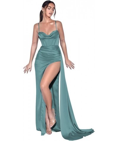 Women's Spaghetti Straps Satin Mermaid Prom Dress Long with Slit Pleated Bodycon Evening Formal Gowns Dusty Blue $25.48 Dresses