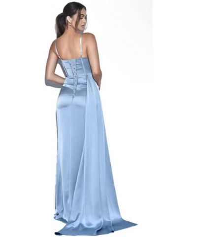 Women's Spaghetti Straps Satin Mermaid Prom Dress Long with Slit Pleated Bodycon Evening Formal Gowns Dusty Blue $25.48 Dresses