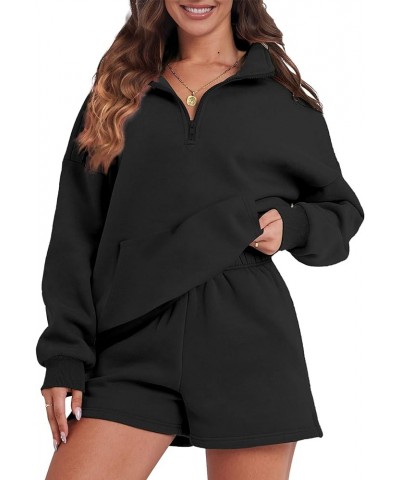 Womens Sweatsuits 2 Piece Outfits Half Zip Sweatshirt Sweat Shorts with Pockets Lounge Sets Black $15.96 Activewear