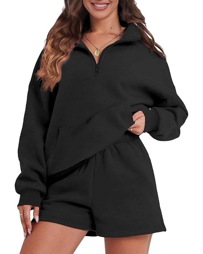 Womens Sweatsuits 2 Piece Outfits Half Zip Sweatshirt Sweat Shorts with Pockets Lounge Sets Black $15.96 Activewear