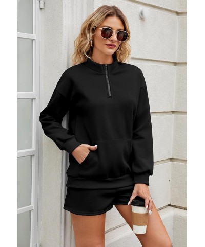 Womens Sweatsuits 2 Piece Outfits Half Zip Sweatshirt Sweat Shorts with Pockets Lounge Sets Black $15.96 Activewear