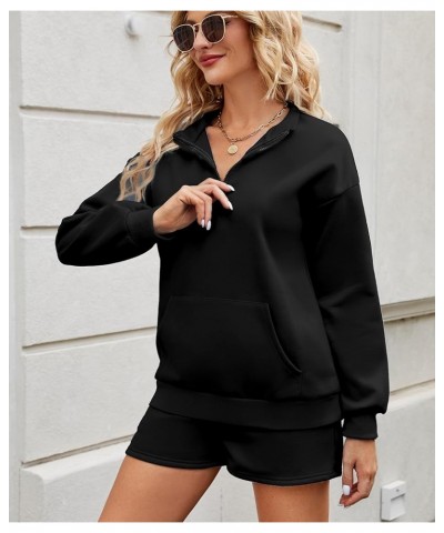 Womens Sweatsuits 2 Piece Outfits Half Zip Sweatshirt Sweat Shorts with Pockets Lounge Sets Black $15.96 Activewear