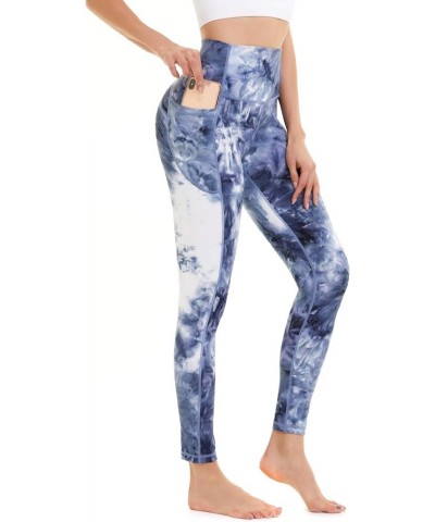 High Waisted Leggings for Women with Pockets, Womens Yoga Pants Stretch Workout Leggings Tummy Control Blue White $17.39 Legg...