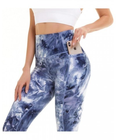 High Waisted Leggings for Women with Pockets, Womens Yoga Pants Stretch Workout Leggings Tummy Control Blue White $17.39 Legg...