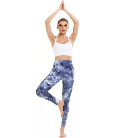 High Waisted Leggings for Women with Pockets, Womens Yoga Pants Stretch Workout Leggings Tummy Control Blue White $17.39 Legg...