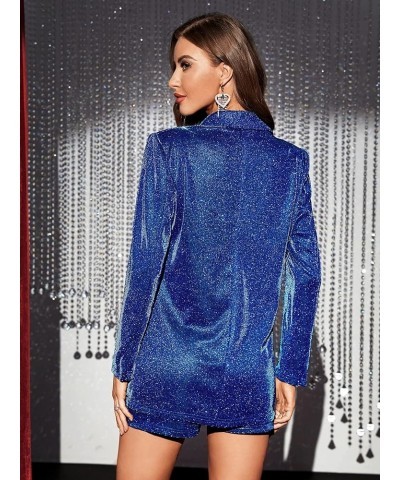 Women's Glitter Lapel Neck Long Sleeve Blazer Button Front Party Jacket Blue $23.75 Blazers