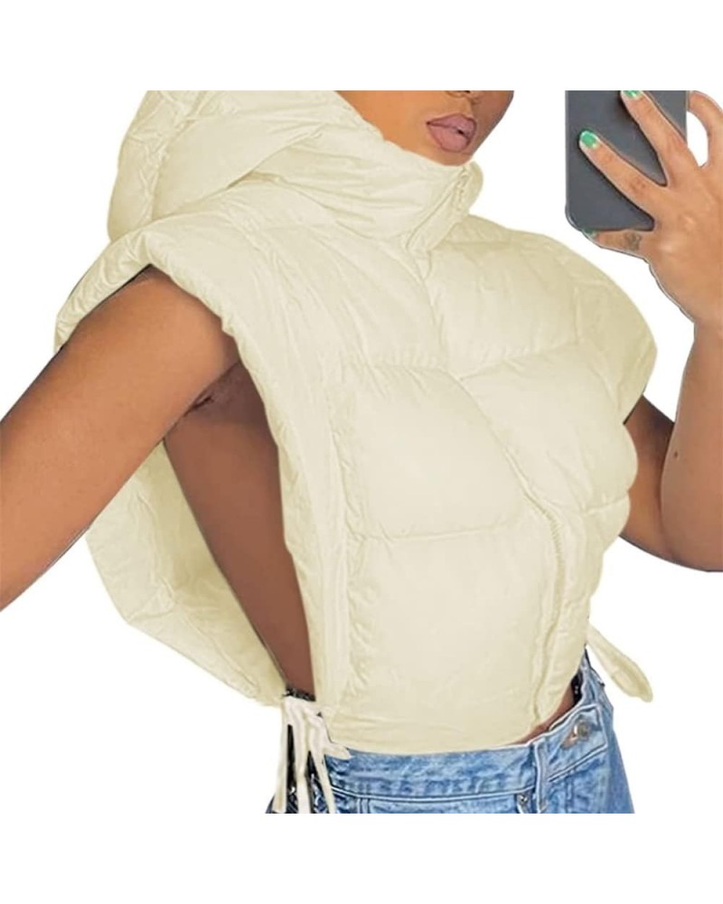 Women's Cropped Puffer Vest with Hood Winter Sleeveless Zipper Padded Puffer Vest Beige $17.29 Jackets