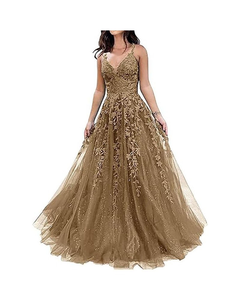 Glitter Tulle Prom Dresses Long Lace Appliques Ball Gowns for Women Formal 2023 A-Line V-Neck Spaghetti Straps Brown $43.34 D...