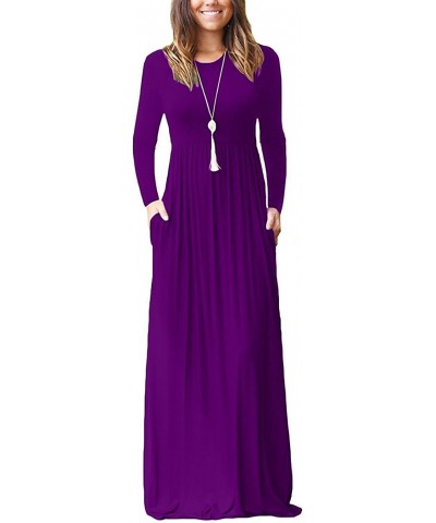 Maxi Dress for Women Purple X-Large Crewneck Long Sleeves Wedding Guest Loose Plain Casual Empire Waist Flowy Party Beach Vin...