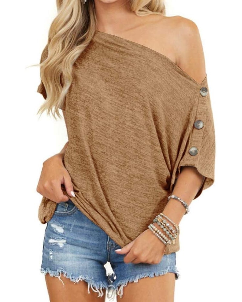 Womens Short Sleeve Shirts Off The Shoulder Tops Sexy Button Down Shirt Loose Tunic Top Blouses Summer Tops Khaki $10.50 Blouses