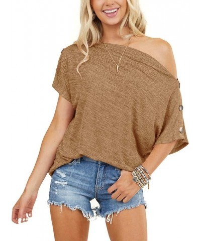 Womens Short Sleeve Shirts Off The Shoulder Tops Sexy Button Down Shirt Loose Tunic Top Blouses Summer Tops Khaki $10.50 Blouses