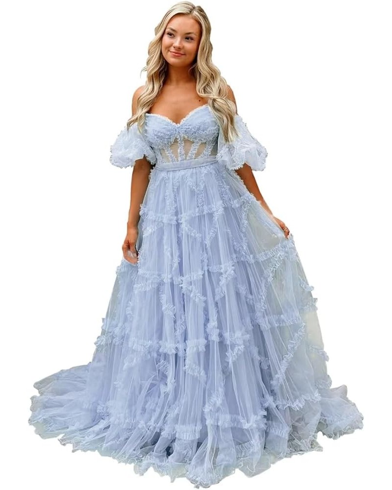 Off Shoulder Prom Dresse Long Ball Gown with Puffy Sleeves for Teens Girls Tulle Ruched Fromal Evening Gowns Ice Blue $38.72 ...