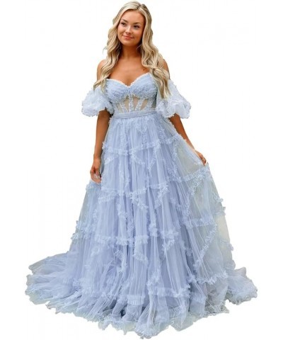 Off Shoulder Prom Dresse Long Ball Gown with Puffy Sleeves for Teens Girls Tulle Ruched Fromal Evening Gowns Ice Blue $38.72 ...