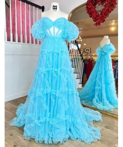 Off Shoulder Prom Dresse Long Ball Gown with Puffy Sleeves for Teens Girls Tulle Ruched Fromal Evening Gowns Ice Blue $38.72 ...