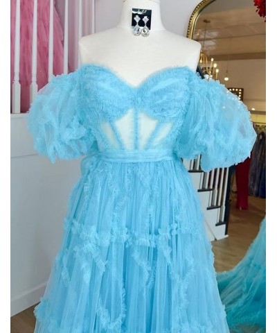 Off Shoulder Prom Dresse Long Ball Gown with Puffy Sleeves for Teens Girls Tulle Ruched Fromal Evening Gowns Ice Blue $38.72 ...