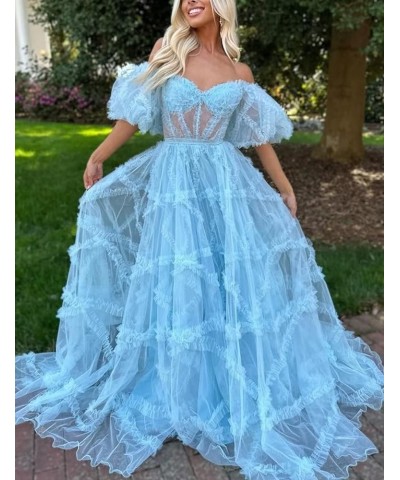 Off Shoulder Prom Dresse Long Ball Gown with Puffy Sleeves for Teens Girls Tulle Ruched Fromal Evening Gowns Ice Blue $38.72 ...