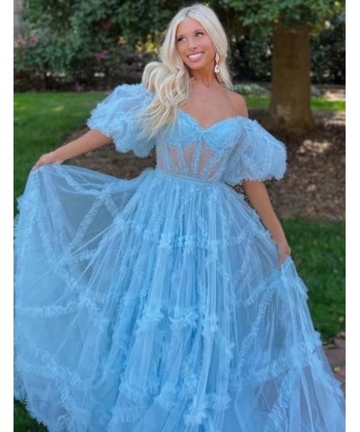 Off Shoulder Prom Dresse Long Ball Gown with Puffy Sleeves for Teens Girls Tulle Ruched Fromal Evening Gowns Ice Blue $38.72 ...