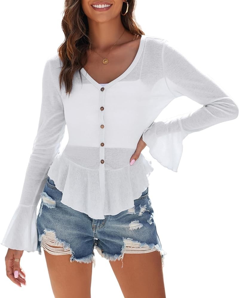 Women Long Sleeve Open Front Knit Cardigans Lightweight Summer Y2k Cropped Bolero Shrug Sheer Cute Trendy Going Out Top White...